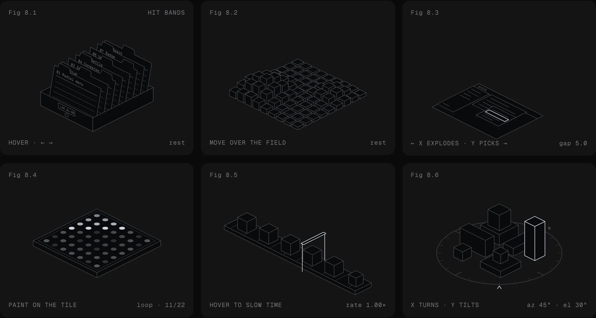 The six first-draft figures in a three by two grid of dark cards: a riffle of index cards, a field of pillars, an exploded stack of screens, a tile of lit dots, crates passing under a gate, and a turntable of blocks.